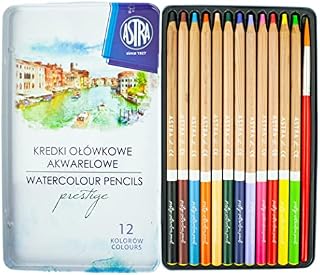 Astra Prestige 12 Watercolour Pencils and Paint Brush in Metal Tin Case for Children and Adult Artists - FSC Certified Pre-Sharpened Cedar Wood Pencils