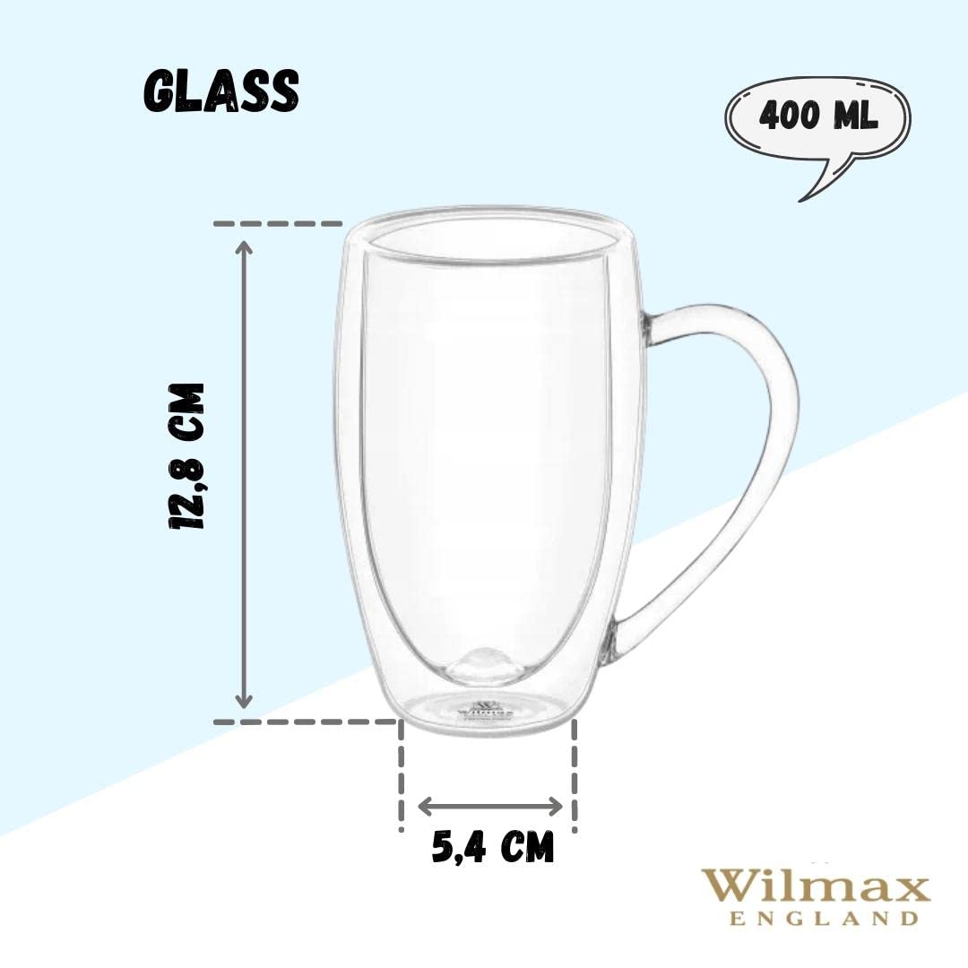 Wilmax | Doppelwandige Thermogläser mit Henkel | 6er-Set | 400 ml | Thermotassen | Latte Macchiato Gläser Set | Cappuccino Gläser mit Henkel | Kaffeegläser | Teegläser | Trinkgläser