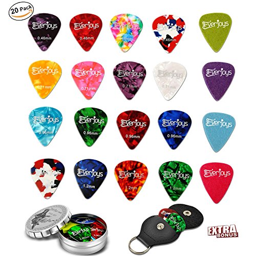 Guitar Picks - 20Pack Celluloid and Felt Picks for Guitar Bass Ukulele Includes Thin, Medium, Heavy & Extra Heavy Gauges with Leather Pick Holder & Tin Box Limited Time Deal Instagram 10000+ likes
