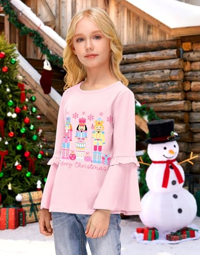 Image of BesserBay Girls Christmas Long Bell Sleeve Ruffle Tunic Top 4-12 Years