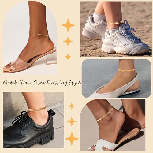 Image of Plus Size Gold Ankle Bracelets for Women Big Ankles, Adjustable Ankle 14K Real Gold Plated Cuban Link Chain Figaro Snake Herringbone Extra Large Anklet Bracelets,Summer Beach Foot Jewelry 10-12inch