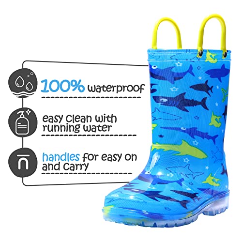 K KomForme Toddler Light Up Rain Boots Patterns and Glitter Rain Boots for Girls Boys with Handles,Blue shark,102