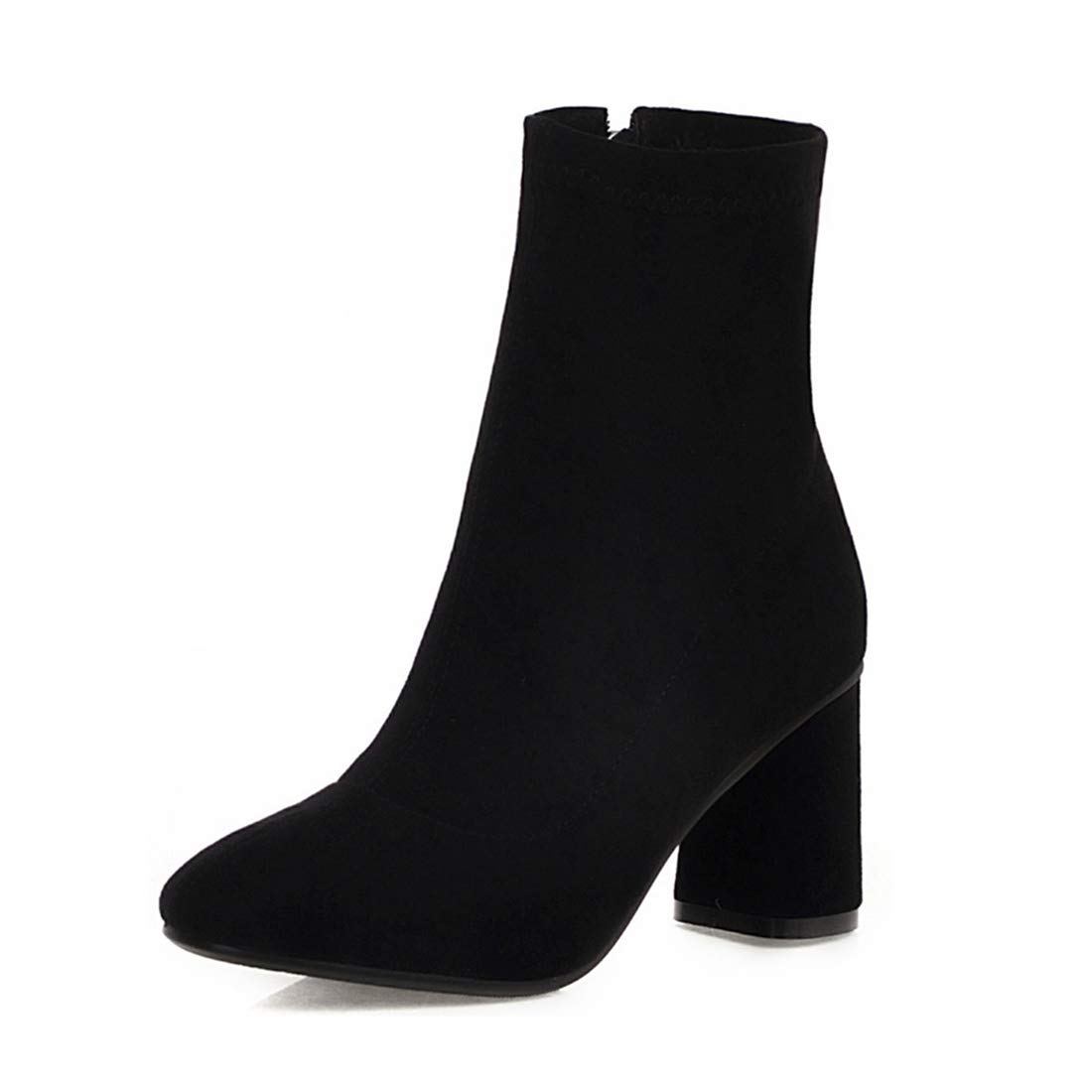 VOKLIN Womens Square Toe Stretch Ankle Boots Vegan Suede Zipper Chunky Block High Heel Dressy Short Booties
