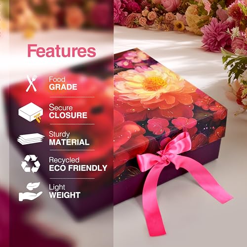 Image of RBS - Medium Foldable Gift Box with Ribbon 26x26x10cm Gift Boxes for Packaging (1 Pack) Multi-Purpose Gift Boxes for Presents Reuse Gift Packing Box Decorative Hamper Box (M-Velvet Secret Garden)