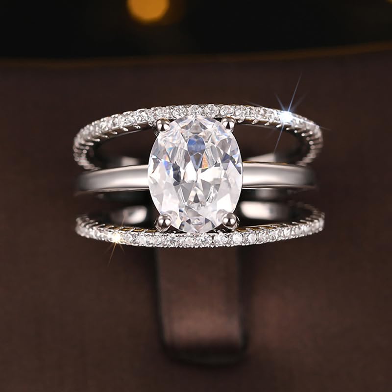 18K White Gold Plated Cubic Zirconia Square Halo Wedding Engagement Ring Set, 1.5CT Bride Ring, Oval Cut CZ Engagement Ring, Three-in-One Eternal Promise Women's Ring3