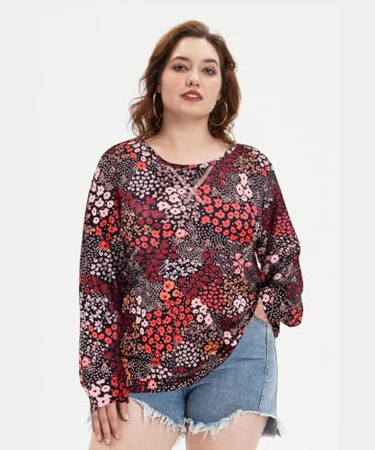 Image of CARCOS Plus Size Tops for Women Color Block Flower /Striped /Camo Crew Neck Long Sleeve Tee Shirt