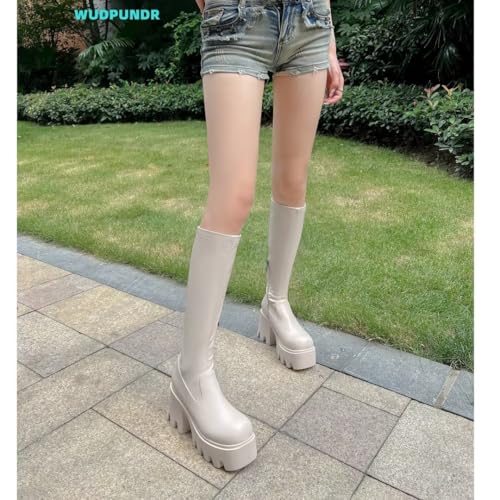 Image of WUDPUNDR Knee High Platform Boots for Women Chunky Heel Round Toe High Heeled Knee Tall Boots Not for Wide Calf