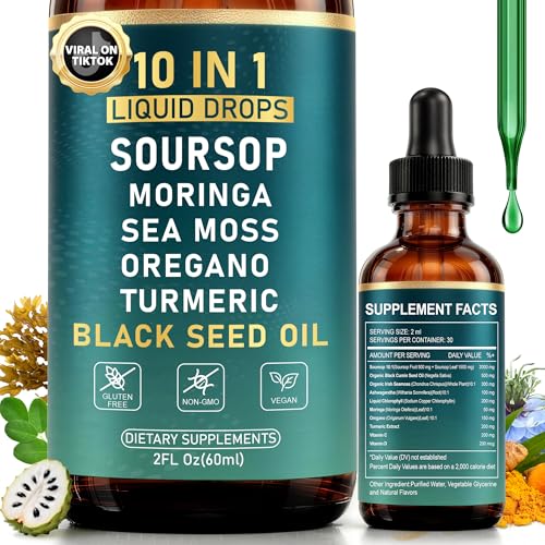10-in-1 Soursop Bitters Liquid Drops | Natural Green |Rapid Gut Cleanse & Detox Digestive Support with Oregano Sea Moss Moringa Black Seed Oil Turmeric Ashwagandha VCD | 2 Fl Oz | Non-GMO Vegan