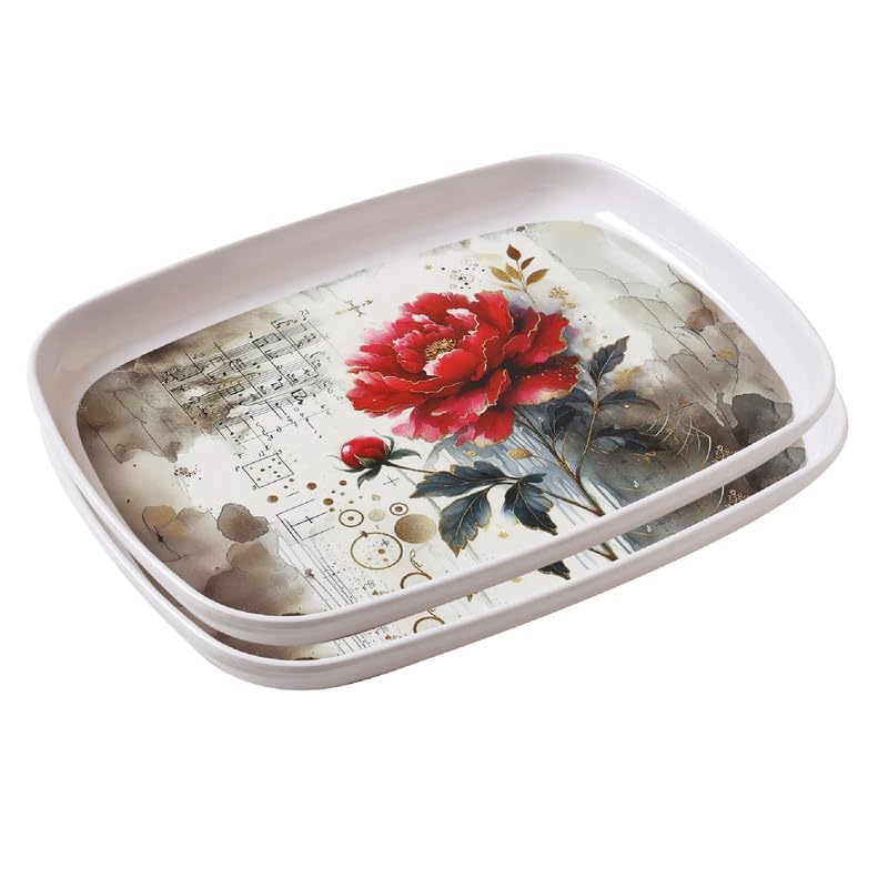 Image of Golden Fish Serving Tray Set of 2 with Floral Print, Rectangular Rounded Edge Tray for Kitchen, Dining & Tea Serving, Lightweight Durable Multipurpose Food & Snack Tray