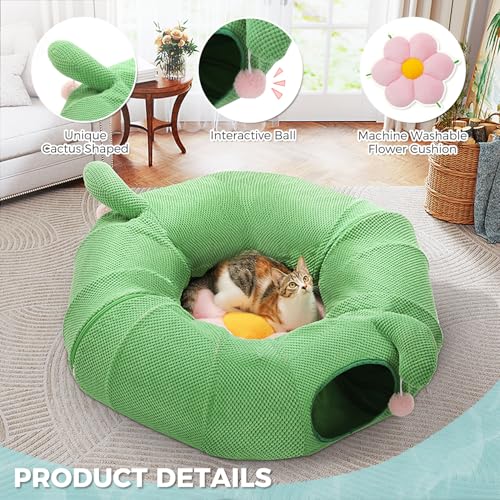 Image of PAWZ Road Cactus Cat Tunnel Collapsible Cat Donut Tunnel with Flower Bed | 38 inch diameter,2 tunnels & flower mat form Large cat tunnels Peephole & dangling balls for indoor adult cat