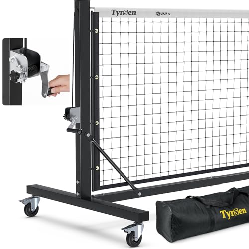 TYRSEN Pro 22ft Pickleball Net with Hand Crank Tension System Anti-Sag Tournament Size Heavy-Duty Frame for Indoor/Outdoor Courts Lockable Wheels Easy Setup Includes Carry Bag (White & Black)