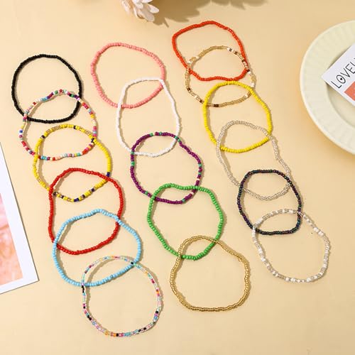 17Pcs Elastic Colorful Beaded Bracelets Anklet Set Handmade Bracelets Bohemian Stackable Rainbow Multi-Strand Elastic Stretch Boho Beach Seed Beach Bracelet Summer Jewelry3