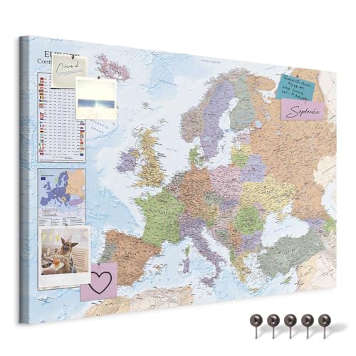 murando - Mapamundi con tablero para clavar chinchetas 90x60 cm - Cuadro en Lienzo estructurado - 1 parte - Panel de Fibra - Mapa del Mundo Continente - Europa k-A-0136-v-a