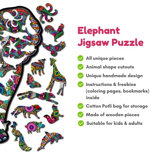 Ambiyaa Indian Elephant | Wooden Jigsaw Puzzle for Kids & Adults | 31 Unique Animal Shape Pieces | Challenging and Educational Puzzle Game | 130 Pieces | 3+ Hours | Large A3 Size - Image 2