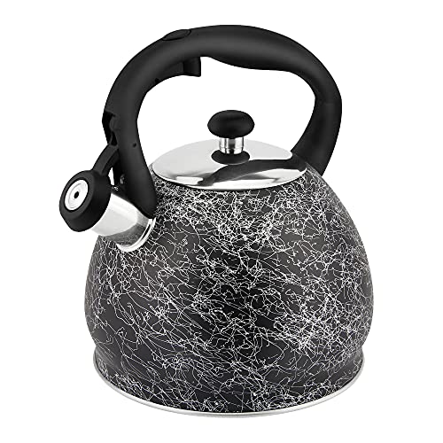 SHANGZHER 3.2Quart Whistling Tea kettle, Stainless Steel Teapot Gold Silver Lines Coating Solid Cool Fixed Handle Heavy Bottom Suitable for Home Kitchen Coffee Store stovetop (Silver)
