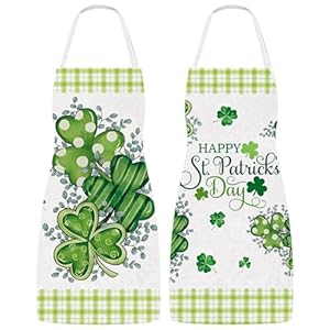 Whaline St Patricks Day Aprons Watercolor Shamrock Adjustable Kitchen Aprons Green Clover Cooking Aprons for Irish Holiday Home Party Supplies Set of 2