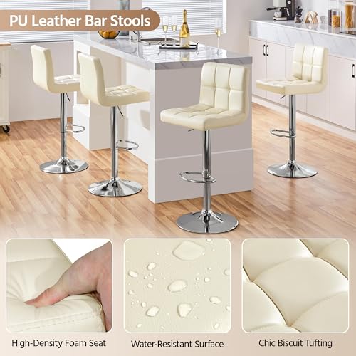 Image of Yaheetech Bar Stools Set of 2, Adjustable PU Leather Swivel Barstools, Modern Counter Height Stools with Back and Footrest for Bar, Kitchen, Dining Room, Beige