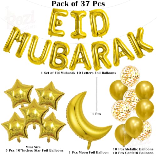 Image of Rozi Decoration Eid Mubarak Decoration Items | Iftar Party Decorations Items | Eid Mubarak Balloon Decorations for Home | Star and Moon Foil Balloons for Decoration Set of 37 Pcs