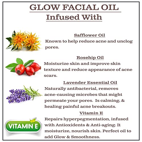 Olivia Care Facial Oil For Glowing Skin Infused with Rosehip, Safflower, Vitamin E & Lavender Essential Oil - Moisturize, Calms, Clear Pores & Antioxidants, Helps in Removing Acne scars