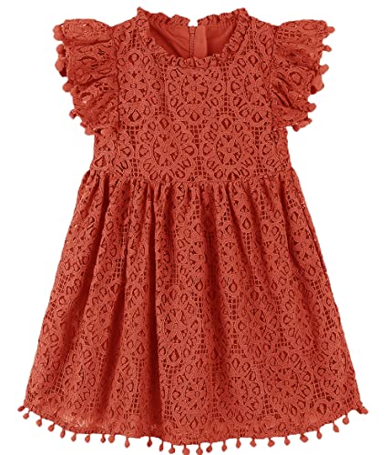 RJXDLT Toddler Girls Elegant Lace Pom Pom Flutter Sleeve Party Princess Dress 5 Years Orange Red 382