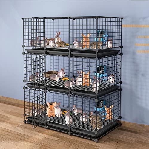 【MumuElf】猫ケージ、 超大型ウサギケージ トレイ付き屋外フェンス、キャスター付き頑丈で耐久性があり、逃げやすく、清潔で、組み立てが簡単で、複数のウサギの室内飼育に適しています。 (111X39X142CM,ブラック)