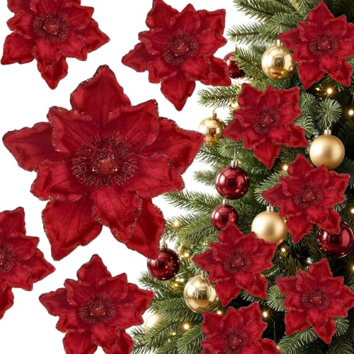Childom 12PCS 7.6''Poinsettia Flowers Artificial Christmas Tree Decorations