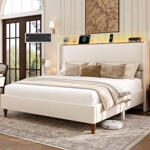 LARMACE Queen Size Bed Frame with LED Lights and Charging Station Linen Upholstered Platform Bed Frame with 51.2″ Tall Headboard Wingback and Storage Shelf, No Box Spring Needed, Noise Free, Beige