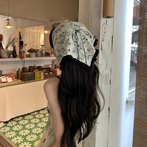 Cute Floral Hair Bandanas Scarf for Women Bowknot Chiffon Head Scarf Kerchief with Ruffle Edge3