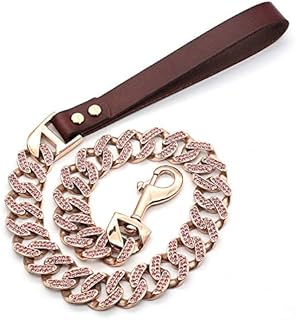 32MM Width Heavy Duty Dog Leash Soft Padded Leather Handle, Rose Gold with Diamonds, Stainless Steel Link Chain Traction Dog Lead Rope Suit for Large Dogs