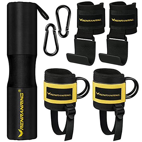 RENRANRING Barbell Pad - Hip Thrust Pad, Barbell Pad for Hip Thrust and Squat Barbell Bar, Ankle Strap for Cable Machine, Weight Lifting Hooks Grips with Wrist Wraps for Deadlifts, Gym Workout