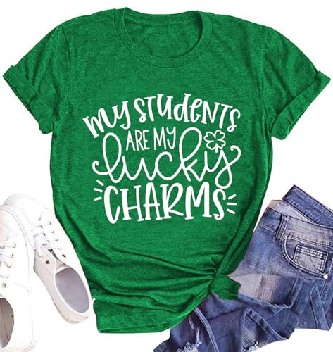 St Patricks Day Teacher T Shirt My Students are My Lucky Charms Short Sleeves Holiday Green Tops, Green, S