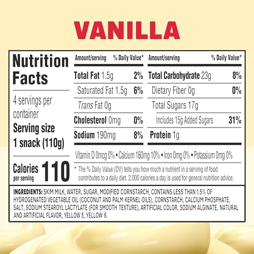 Jell-O Original Vanilla Ready-To-Eat Pudding Cups Snack, 4 Ct Cups