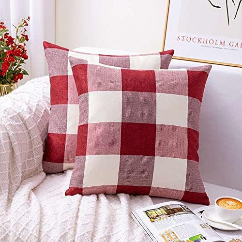 Dreamcountry Set of 2 Throw Pillow Covers, Buffalo Plaid Linen Throw Pillow Cases, Decorative Pillow Covers for Sofa Couch Car Farmhouse Home Decor (Red and White, 18 X 18 )