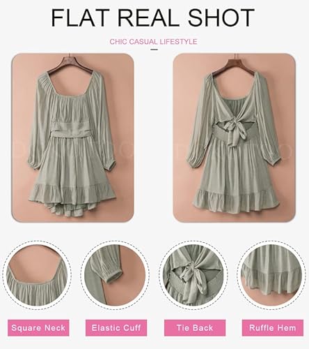 Dokotoo Women's Square Neck Off The Shoulder Dress Tie Back Long Lantern Sleeve Ruffle A-Line Mini Dress Shirred Elastic Waist Casual Dresses Grey Small #TOP2