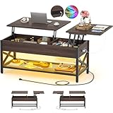 Aheaplus Coffee Table, Lift Top Coffee Table with LED light and Power Outlet, Modern Lift-Top Table with Storage Shelf, Center Table for Living Room with Lift Tabletop, X Support Metal Frame, Espresso