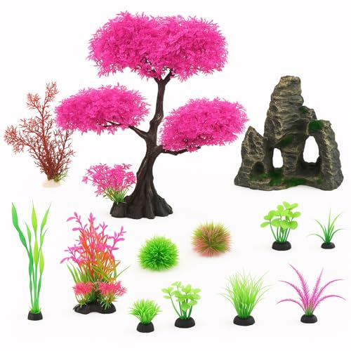 Suncalla 16 Pcs Aquarium Fish Tank Plastic Plants and Cave