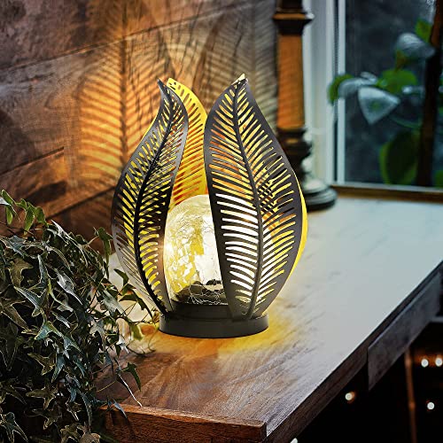 Solar Lights Outdoor Decorative Garden Decor,Crackle Globe Glass,Waterproof Metal Palm Leaf Flower Solar Lights for Patio,Lawn,Walkway,Tabletop.Outdoor Table lamp