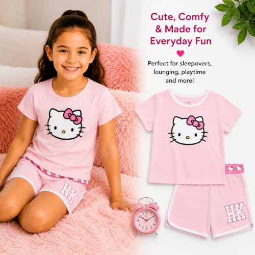 Image of Hello Kitty Girls Short Set - 2 Piece Short Sleeve Graphic Tee and Shorts Clothing Outfits (Sizes: 2T-12)