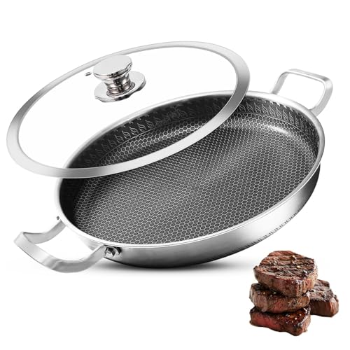 ALMEKAQUZ Stainless Steel Paella Pan, 34CM Paella Pan with Lid, Tri-Ply Nonstick Large Honeycomb Skillet, Stainless Steel Cookware, Induction Pan, Skillets for Outdoors, Camping, Parties