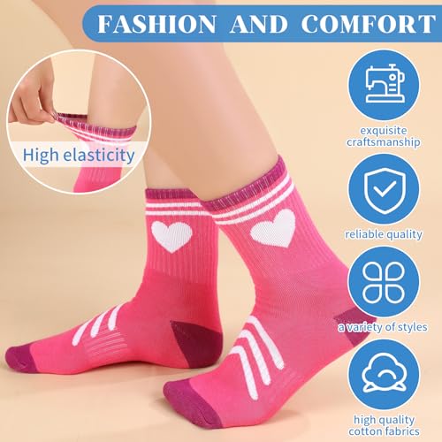 Jspupifip 6 Pairs Kids Athletic Socks, Girls Socks with Retro Hearts Stripes, Sport Crew Sock for Youth Teen Girls 9-13 Years Old3