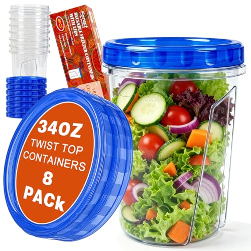8 Pack 34oz Reusable Freezer Storage Containers with Twist Top Lids Airtight Clear Plastic Soup Freezer Containers Quart Food Storage Containers with Lids for Fruit Meal Prep Leftover Lunch Salad