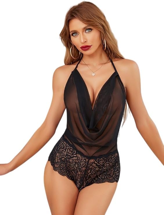 Women's Halter Neck Teddy Lingerie, Deep V Mesh and Lace Bodysuit, Black, Sexy Sleepwear-image-48