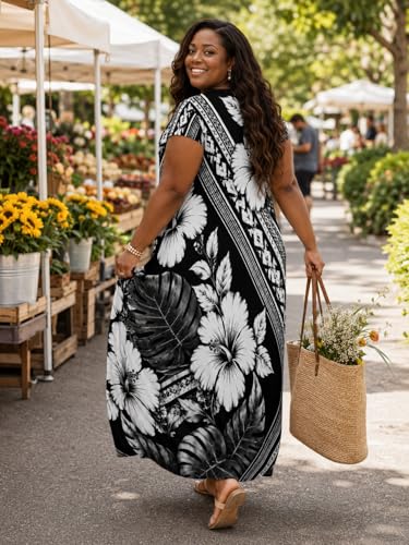 Image of Plus Size Maxi Dress for Women Short Sleeve V Neck Casual Loose Sundress with Pockets