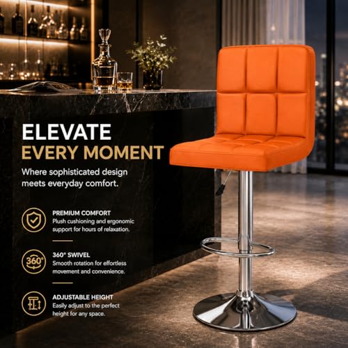 Image of Kemon KaiMeng Modern Adjustable Swivel Bar Stool Chair with Backrest, PU Leather Hydraulic Counter Stool with Footrest for Kitchen Island, Cafe & Home Bar, Orange, Square Tufted Back Stool