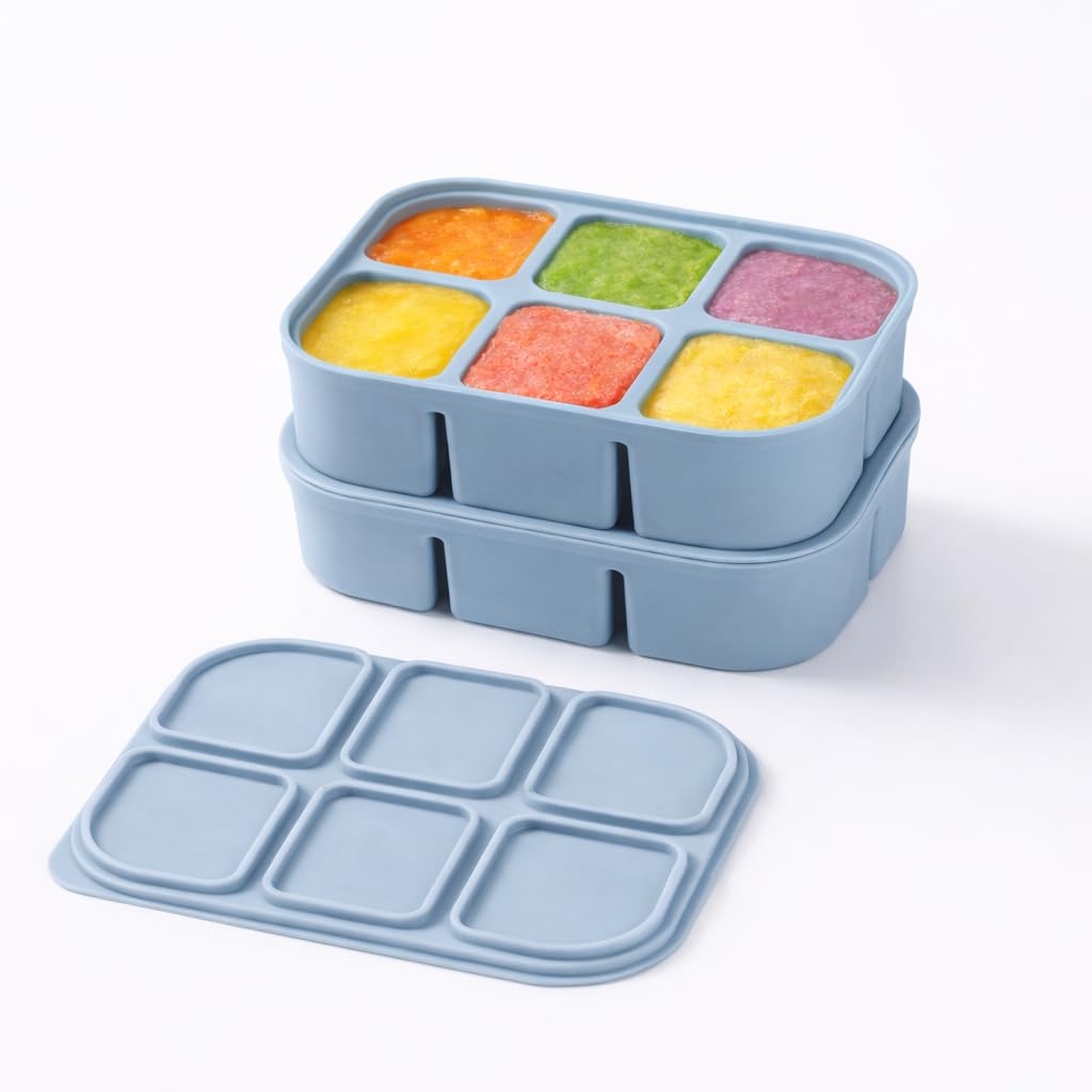 Pick Plate Silicone Freezer Trays with Lid, 6 Compartments, 15x12x4cm, BPA Free, Stackable, for Ice Cubes, Sauce Portions, Stock or Broth Portions (Blue)