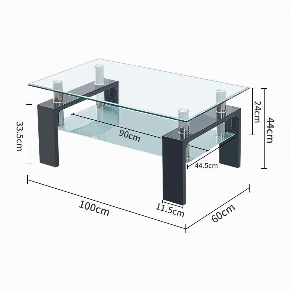 CLIPOP Couchtisch rechteckig, Glas, mit Ablage, 100×60×44 cm Schwarz