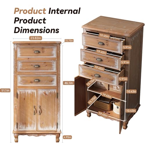 Image of LKTART 55 inch Tall Solid Wood Kitchen Pantry Storage Cabinet with Drawers | Solid Wood Frame;Farmhouse /French Country Narrow Corner Glass Display Cabinet;Narrow Storage Cabinet;Tall Accent Cabinet