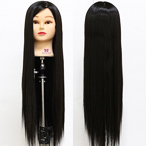 Neverland Beauty 26" Long Smooth 100% Synthetic Black Hair Hairdressing Equipment Styling Head Doll Mannequin Training Head Tools Braiding Cutting Student Practice Model with Clamp