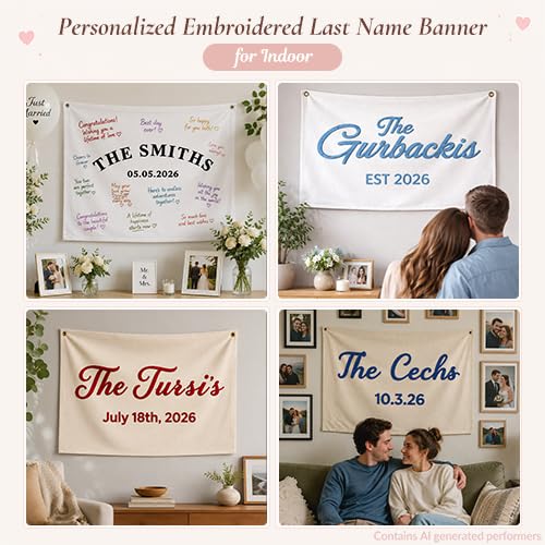 Image of Personalized Wedding Banner with Custom Last Name and Date, Canvas Custom Guest Book with Hand Embroidered Wall Hanging, Reception Decor, Bridal Shower Decoration, Keepsake Gift for Couples