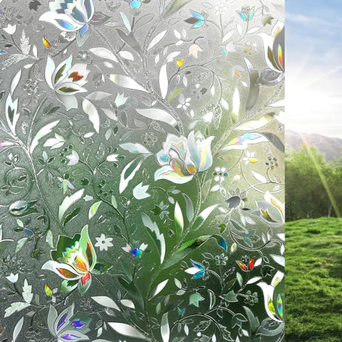 Image of rabbitgoo Window Privacy Film, Stained Glass Cling, Tulip 35.4 inch x 78.7 inch | Decorative Rainbow Sticker, Sun Blocking Heat Control, Renter-Friendly Static Cling Reusable Frosted Covering for Home Door